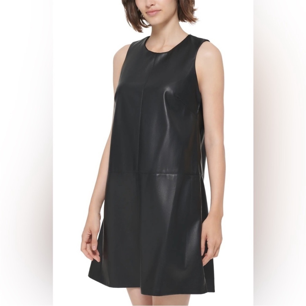 Calvin Klein Paneled Black Faux Leather A-Line Trapeze Dress Size 10 Minimalist